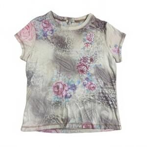 Women’s Y2K T-shirt Cream Floral Rhinestone Print
